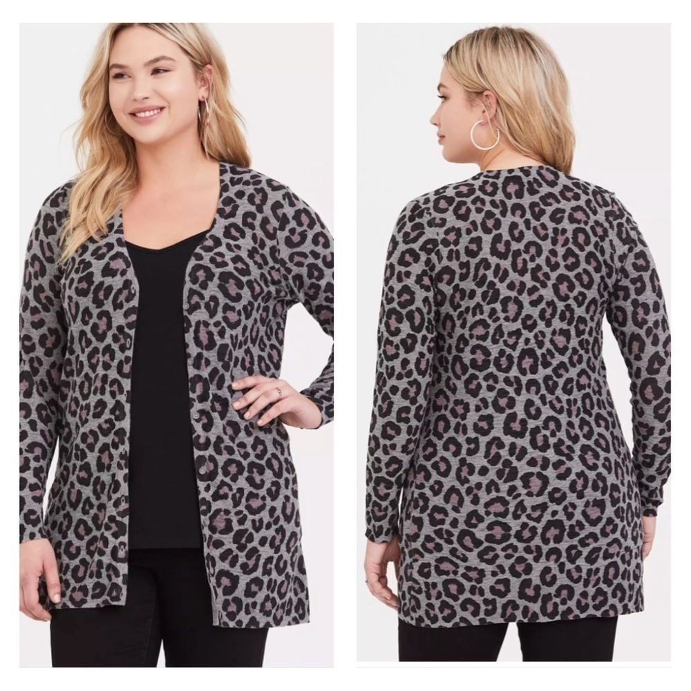 Torrid 4X Slub Boyfriend Cardigan‎ Grey Pink Leopard Button-Front Sweater